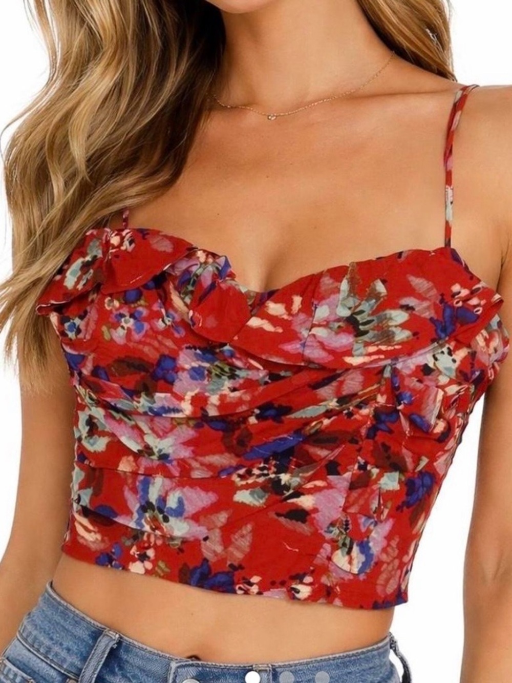 Zara Red Floral Ruffle Crop Top with Spaghetti Straps